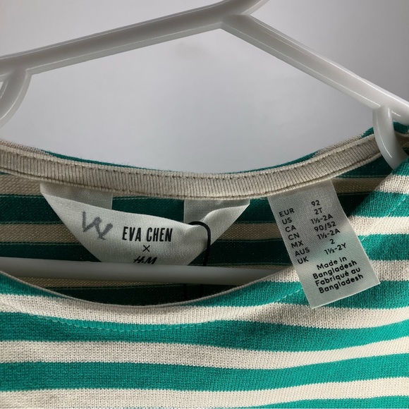 NWT H&M X EVA CHEN Embroidered Mushroom Cotton Top Stripe Cream Green 2T - Picture 4 of 5